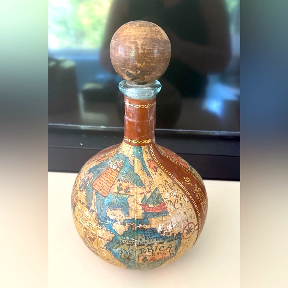 Vintage Fausto Corduri Leather World Map Wrapped Decanter Bottle Florence Italy